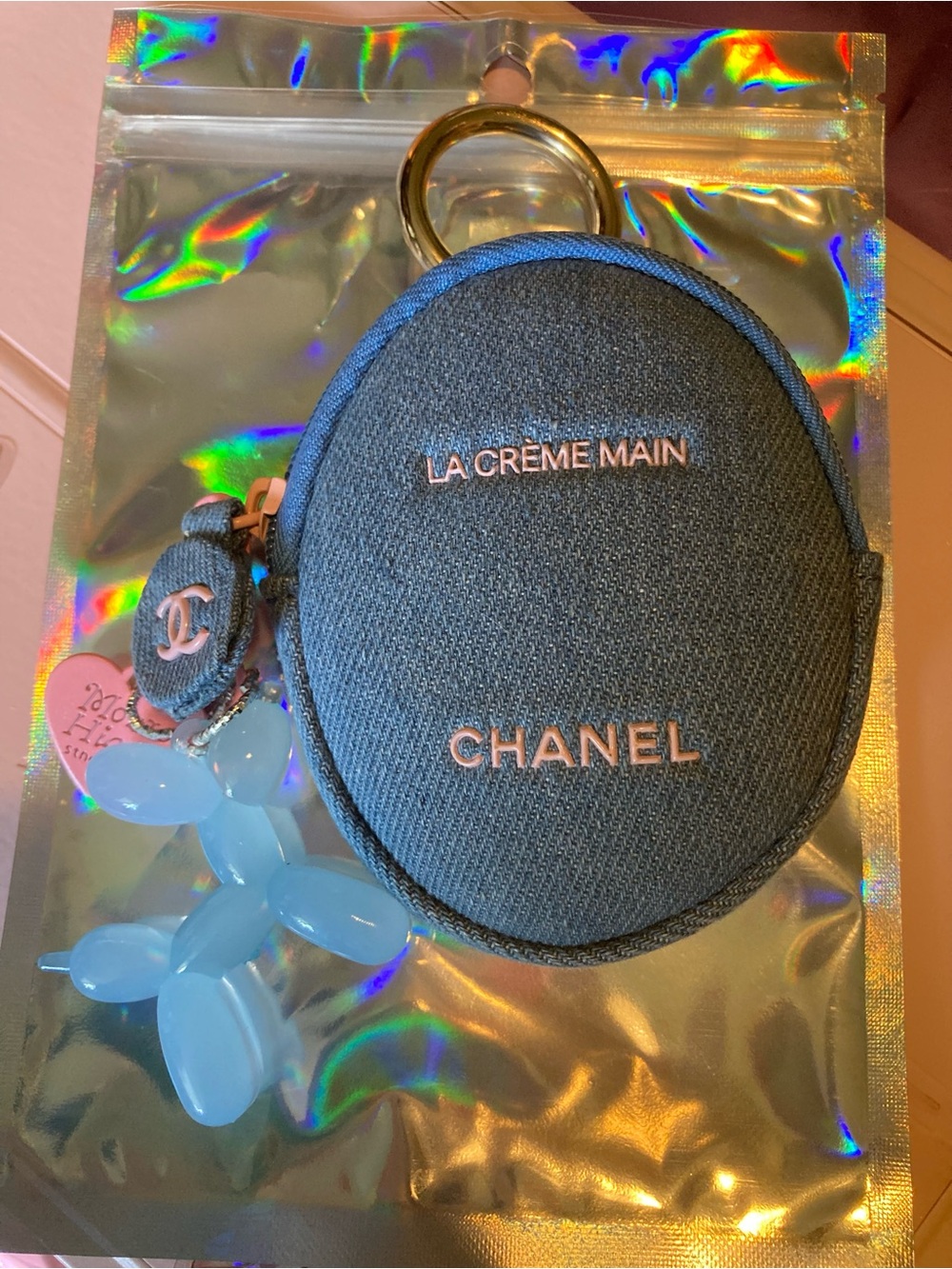 CHANEL Denim Mini Pouch with Pink Hardware and Blue Balloon Charm